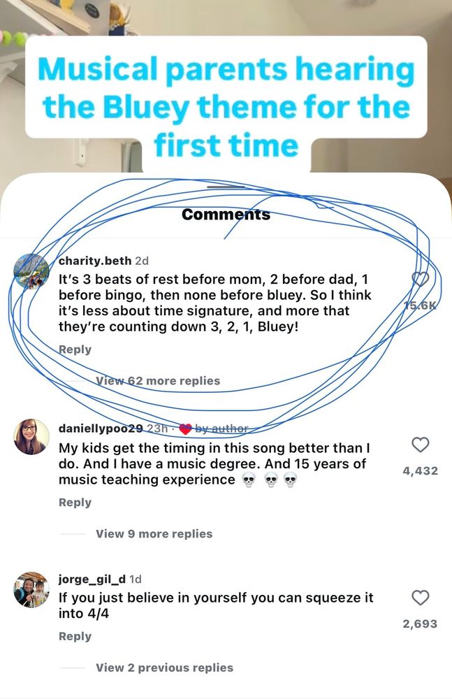 IG comment about the Bluey theme:
"It's 3 beats of rest before mom, 2 before dad, 1 before bingo, then none before bluey. So I think it's less about time signature, and more that they're counting down 3, 2, 1, Bluey!"