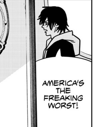 Miri Sugo from Chainsaw Man saying, “America’s the freaking worst!”