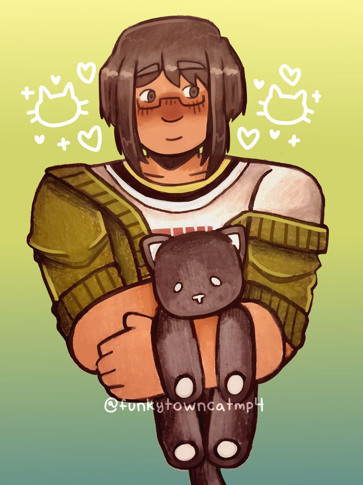 a drawing of shiki misaki from the world ends with you. her cardigan is worn off the shoulder, and she is carrying Mr. Mew in her arms. she is depicted as fat. the background is a teal-to-green-to-yellow gradient, and the background has hearts and sparkles as well.