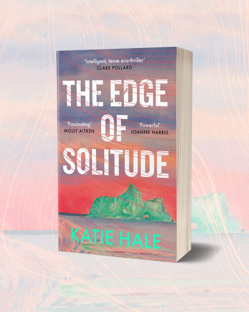Image shows a copy of The Edge of Solitude by Katie Hale in paperback. The cover shows a turquoise iceberg in a blue-purple sea, with a pink and purple sunset sky overhead. The title text is white, with the author name in turquoise. It's stunning. 