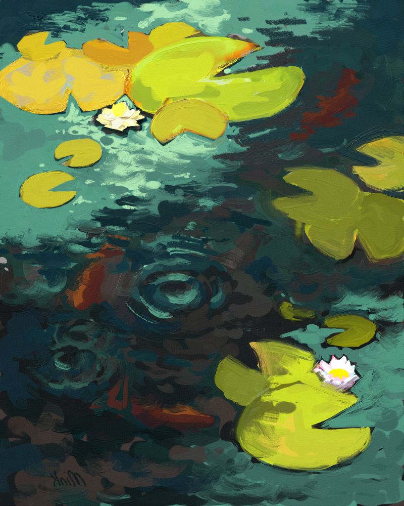 A digital painting of a calm pond with fish and lily pads made of messy and irreverent brush strokes