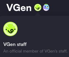 A screenshot of the official VGen profile on vgen.co, showing a "VGen staff" badge attached to the account. The badge icon is the VGen logo.

The description reads: 
An official member of VGen's staff.