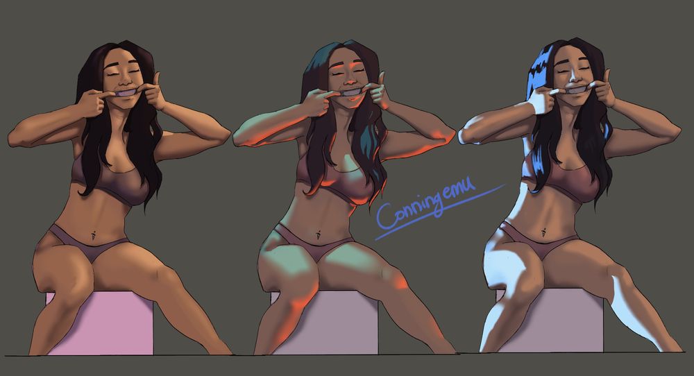 girl sitting on box pulling the sides of her mouth with her fingers. Drawing is copied three times with different light angles