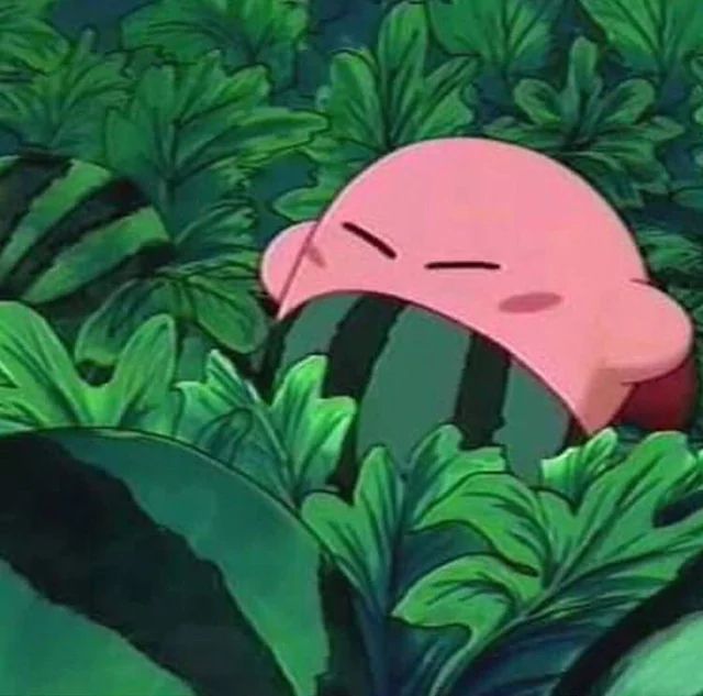The character Kirby (a pink circle with little hands and red shoes) sits in a watermelon patch. He has an entire watermelon halfway in his mouth