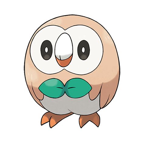 An image of the Pokemon Rowlette. It’s a small, round pale brown owl with a bow tie made of green leaves 