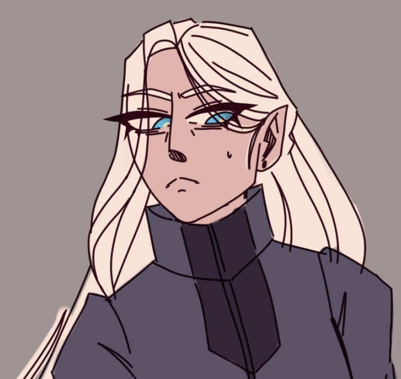 A simple rendition of an android person with blonde hair and blue eyes, and an uneasy, tired expression on his face.