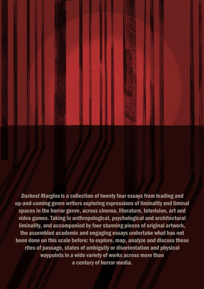 Back cover for Darkest Margins. Hues of crimson and black form an ominous forest.