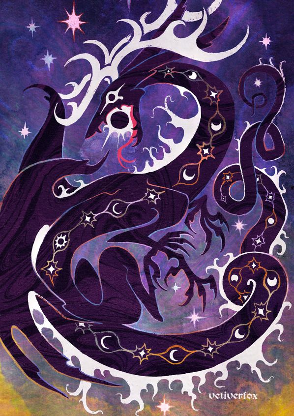 A dark dragon-like creature with a mane and antlers of white blazing fire consumes an eclipsed sun