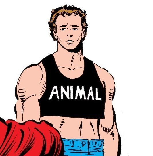 Peter Parker from the 80s where a black crop top with ANIMAL across the chest and jorts on a white background