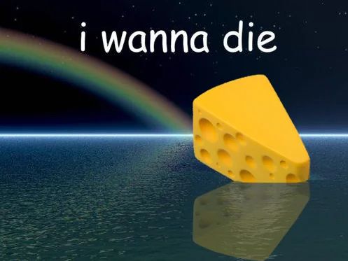 a block of cheese sinking into a calm waterscape with a rainbow in the background at night. the text reads “i wanna die” in sans serif font