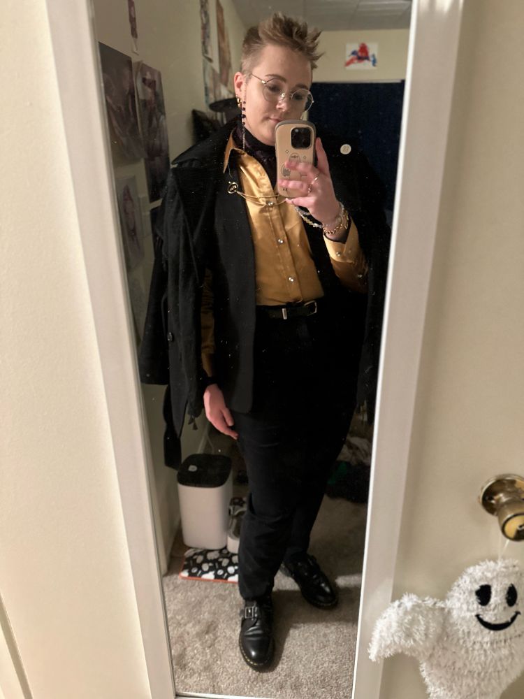 mirror selfie (black pea coat, black keffiyeh, black cape blazer, gold button up shirt, purple cravat, black slacks