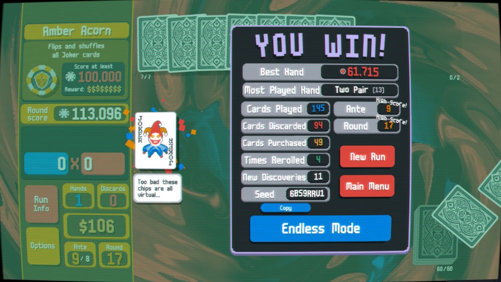 The winning screen in Balatro.