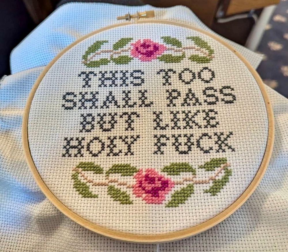 Cross-stitch embroidery miniature, with roses, saying "This too shall pass but like holy fuck".
