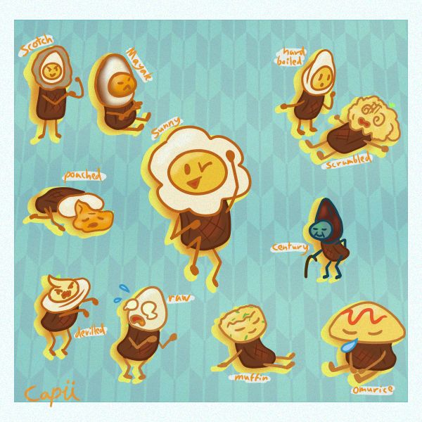 Multiple variations of a steak and eggs character, including:
Sunnyside 
Scotch
Mayak
Hard boiled
Scrabled
Poached
Century
Devilled
Raw
Muffin
Omu rice