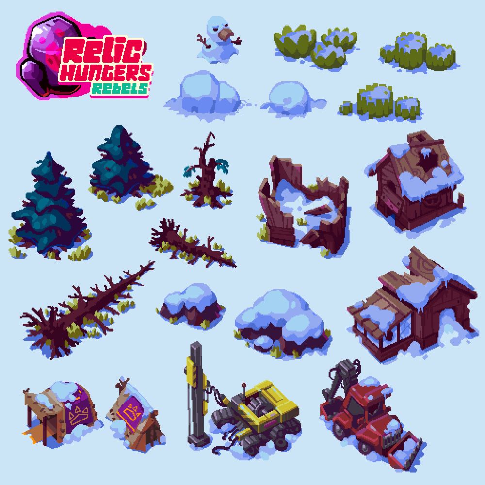 pixel art props for the snow area of Relic Hunters: Rebels