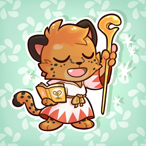 Drawing of a Cheetah cartoon-character, dressed as a final-fantasy white-mage, casting a healing spell.