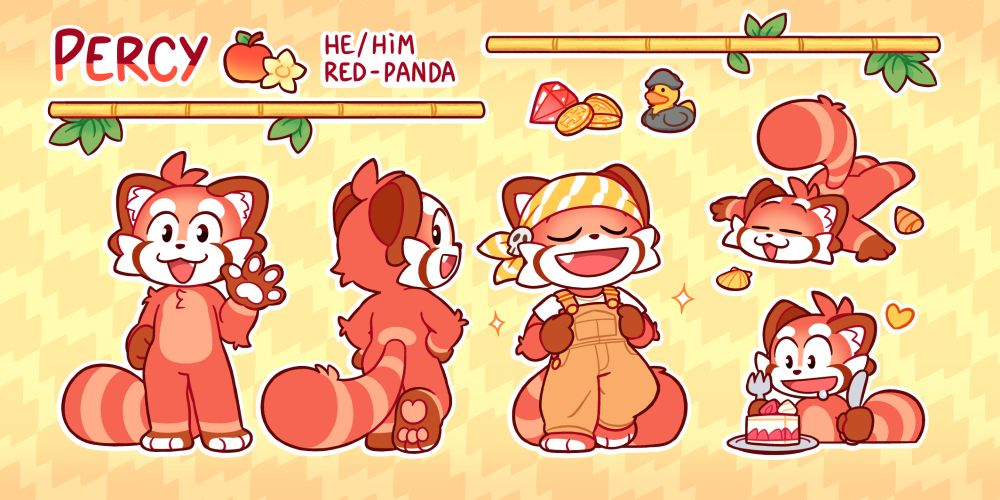 Reference-sheet for a red-panda cartoon character named Percy (he/him). Depicted in a lot of very cute poses.