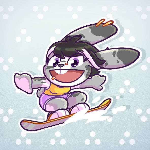 Drawing of a cartoon bunny character, snowboarding & looking very happy about it 