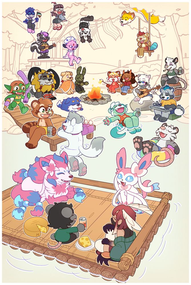 Big drawing with 24 cartoon characters, siting around a bonfire. Some roasting marshmallows, some swimming nearby, some in the trees above.