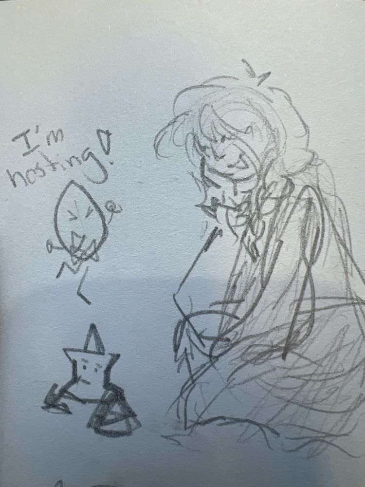leafy gijinka leaning and resting her face on her palm, smiling. her hair is done in a braid
then little leafy to the left, wearing a bow tie and cheerfully saying “im hosting!”
little mech pin is at the bottom left