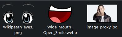 three files, wikipe-tan eyes, bfdi open smile, eminem in that one pose