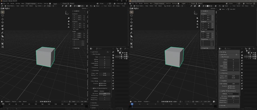 Blender 4.5 (left) vs 5.0 (right). Same theme ( @fr3nkd.bsky.social ) , same settings.