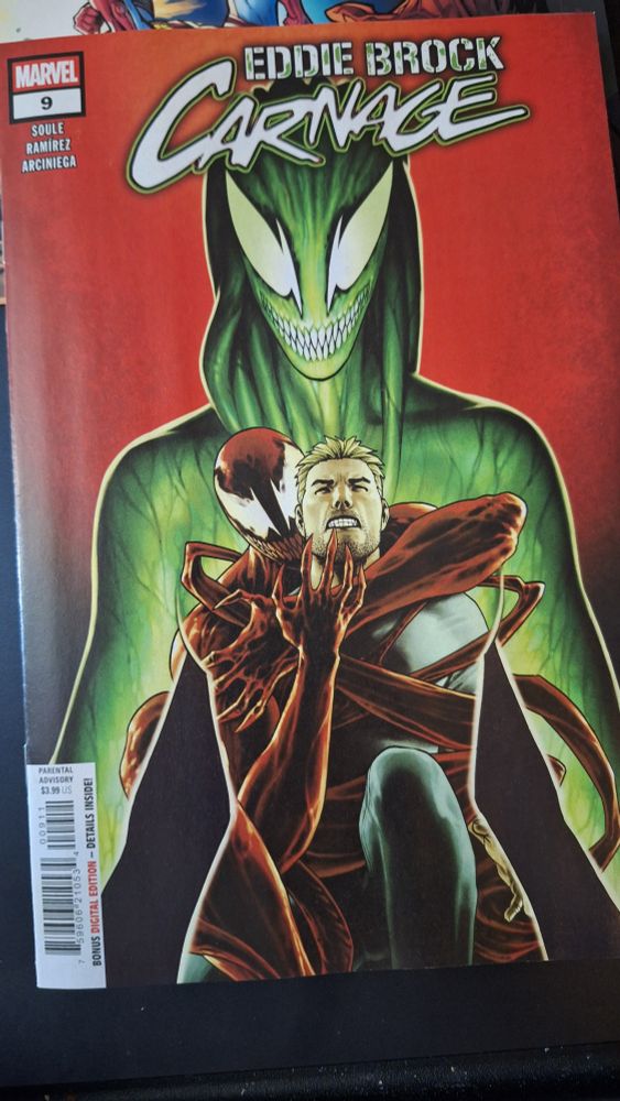 The cover of Eddie Brock: Carnage. A green femme symbiote oversees Eddie being strangled by Carnage