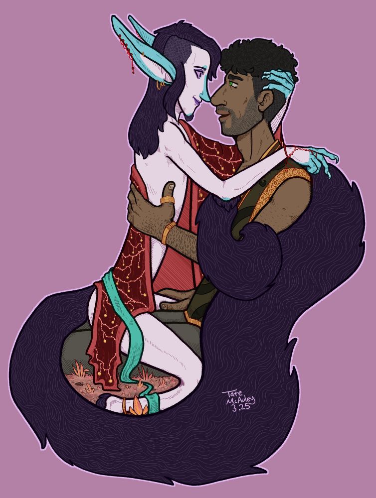 A piece of digital art, specifically detailed lines with flat color under. A nonbinary elf sits in the lap of a male human; their arms are entangled with eachother. The human is fully clothed, and the elf is wearing a fallen open robe. The elf is trying not to laugh, and the human is very obviously telling dad jokes.