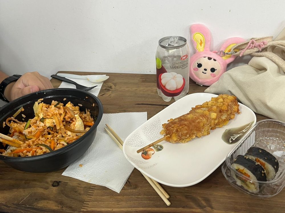 bibimbap, kimbap, korean hot dog, sparkling flavoured water 