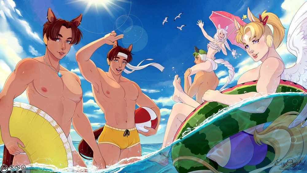 Artwork of five different OCs enjoying a day out at the beach in summer time.