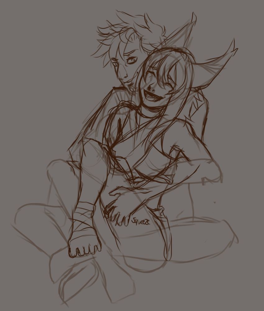 Jon and Angel are two characters from a story I'm trying to make. I don't really plan to bring tickle scenario's in their story, it's just some side fun I like to do. 

There is the possibility they would end up together, depending on how things goes. So sometime I like to just toy with stuff.

Anywho.

Angel was sitting in his lap and he had his arms wrapped around her. One of his hands is squeezing her thigh, the other one is hidden behind her leg but tickling her stomach.