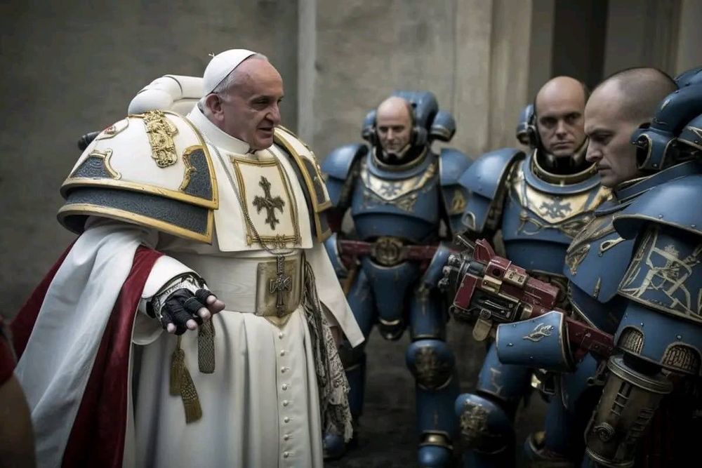 KI-Bild, Papst Franziskus in einer päpstlichen Warhammer Spacemarine Rüstung