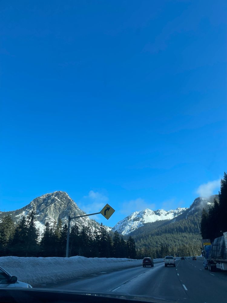 View of snowy mountains from the road 