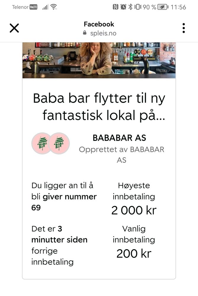 Fra spleisen til Baba bar, som samler inn penger til å flytte til et nytt og bedre lokale. Jeg ligger an til å bli giver nummer 69. Nice.