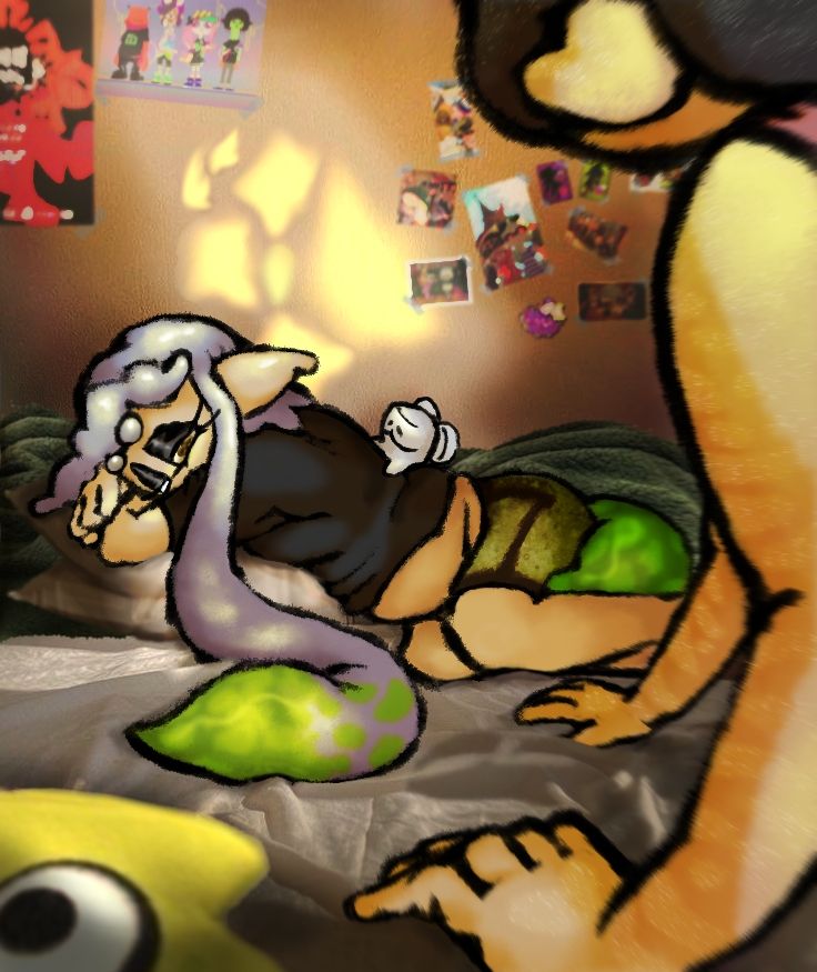 A drawing ft Marie and Callie (Splatoon) and their pet scallop. Marie is being woken up by her cousin because it's her day today, and Callie's not going to let her waste it.