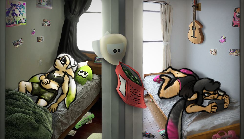 A drawing ft Callie and Marie (Splatoon). They are in their rooms, Marie is sleeping while Callie is playing on her wii u. Marie's pet scallop is flying out of Callie's room and into Marie's room with stolen snacks in it's nubs.