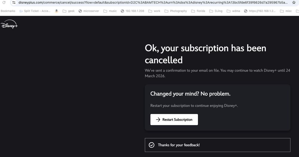 "ok your subscription has been cancelled" response page on the disney+ website