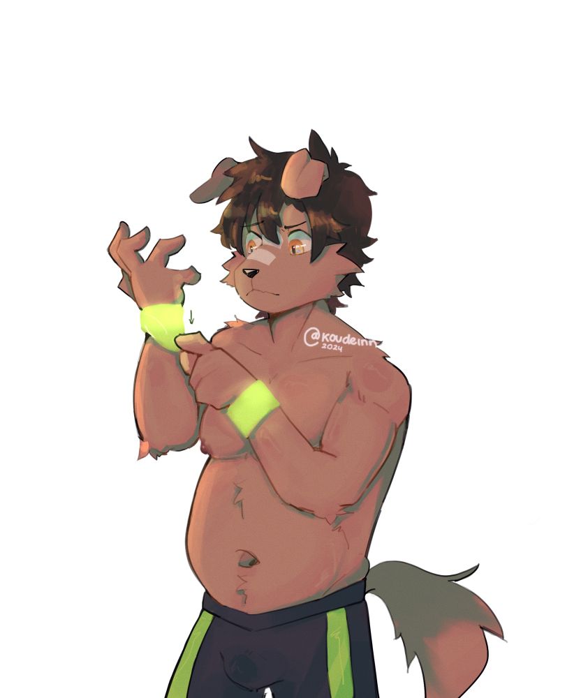 Iru, my sona, with my irl body type timidly putting on a green glowing armband on his right hand while the left one is already being worn. He’s unsure and is actually quite embarrassed.