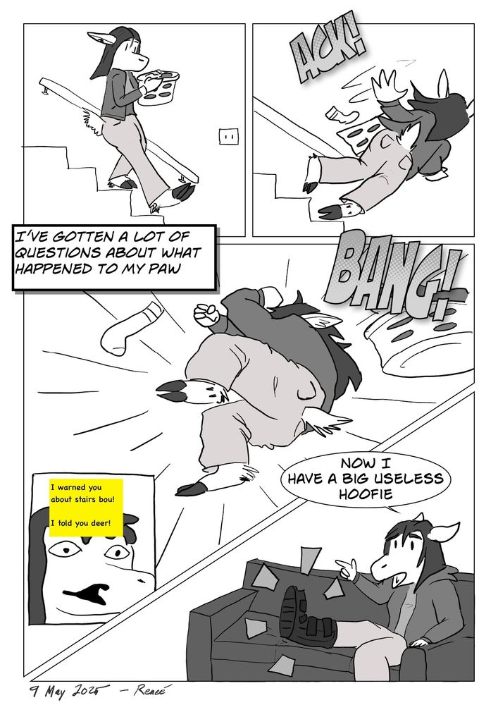 A four panel comic depicting the caribou tripping and falling on the stairs, laying in a memetic pose, in a boot resting on a couch in the final panel. 
