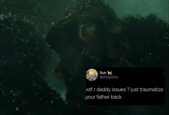 Image from Frankenstein (2025) of the Creature taunting Victor with a tweet posted in the corner reading "wtf r daddy issues? just traumatize your father back" 