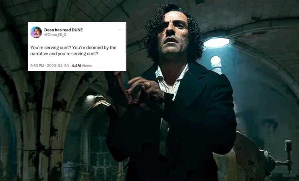 Image from Frankenstein (2025) of Victor putting on his bitchy little gloves and the text post in the upper left reading "You're serving cunt? You're doomed by the narrative and you're serving cunt?" 