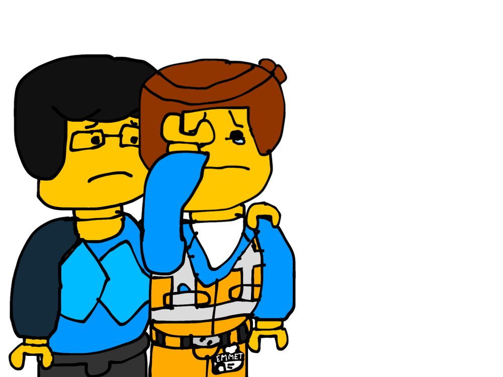 Art of George Studsworth, an OC made for The LEGO Movie, comforting a tearful Emmet by placing a hand on his shoulder. The art takes place on a white background.