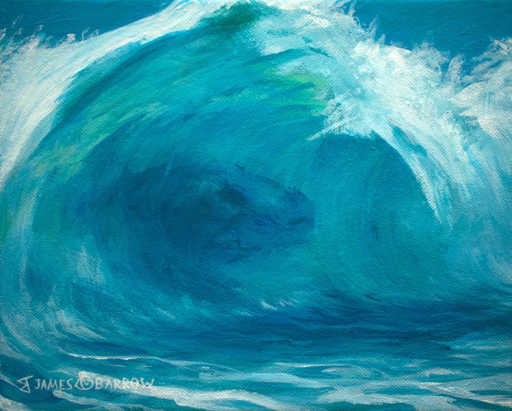 An acrylic painting of a large ocean wave. The wave is just starting to break into white foam, and a large sea creature can be seen swimming underwater through the curved surface of the wave.