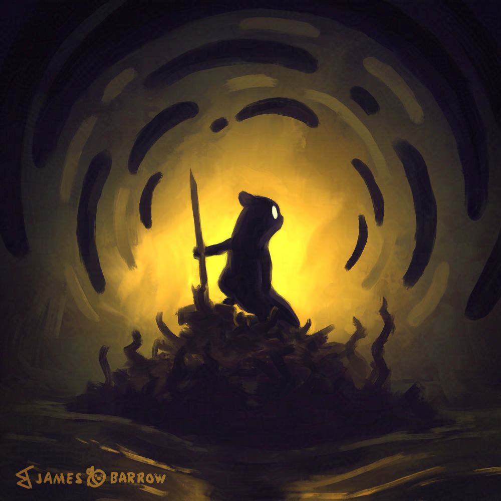 A digital painting of the new slugcat creature from the video game: Rain World. This slugcat is called The Watcher, and appears here atop a mound of debris overgrown with strange foliage. The mound is surrounded by wavey water. Behind the slugcat is a bright yellow glow, silhouetting it and the mound against the background. In the air surrounding the slugcat are abstract  blobs of mostly dark goop, curving into a circular pattern centred on the slugcat.