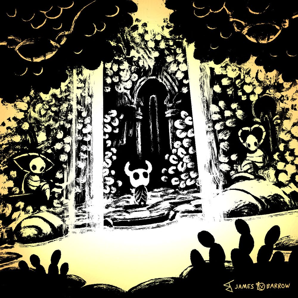 A digital painting of a scene from the video game Hollow Knight. This is a location in the area called Godhome. The player knight character stands at the edge of a pool of glowing liquid, with waterfalls cascading into it from above. Leafy bushes cover most of the environment but a few ornate stone structures can be seen behind them. A couple of characters who have a mummified appearance sit at the edges of the scene looking to the knight.