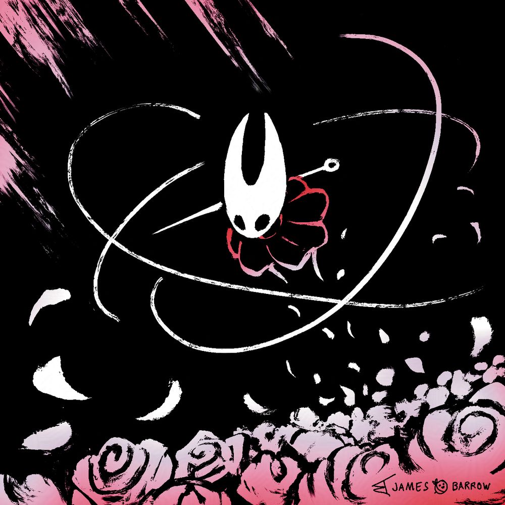 A digital painting of the character Hornet from the upcoming game Hollow Knight: Silksong. She has leaped into the air with swirls of silk thread around her. The floor is made of flowers.