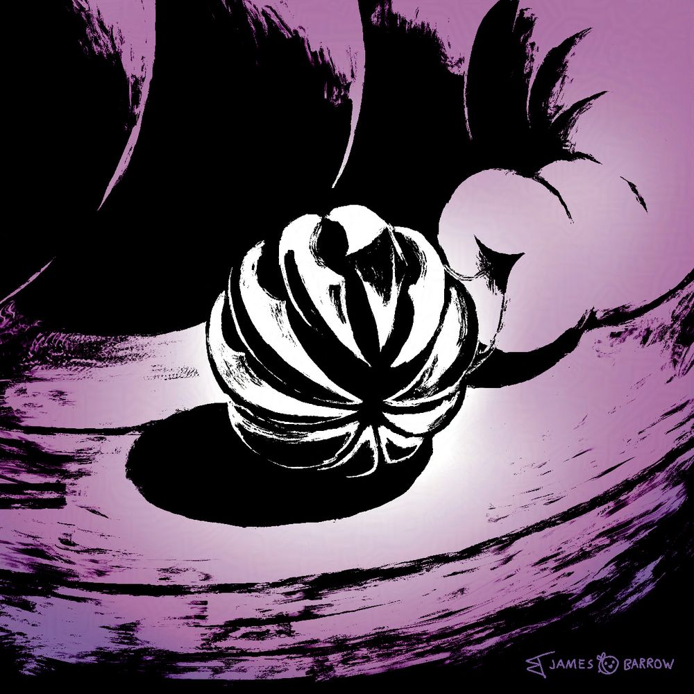 A digital painting of a spherical charm item from the video game Hollow Knight. The charm looks like a ball with curved spikey ridges encasing it. The charm appears to have emerged of exited some kind of tube appendage.