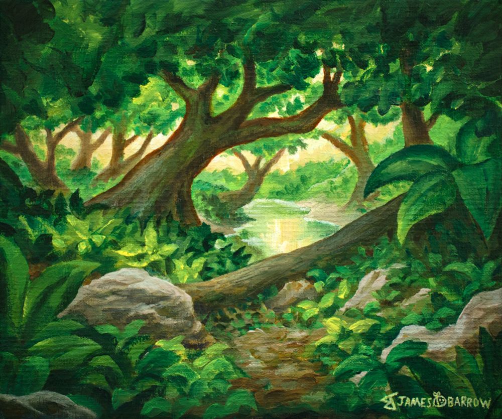 An acrylic painting of a fantasy woodland scene. A rocky pathway through lush foliage under a canopy of thick leaves leads the viewer of the painting over a log and past a lovely stream. Strong tree trunks rise out of the vegetation, standing out against a brightly lit background shining far in the distance in the gap between the floor and the treetop canopy.