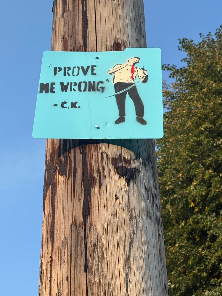 A teal colored sign on a telephone pole, there’s an image of Charlie Kirk as he was shot in the neck, the text reads “prove me wrong -c.k.”