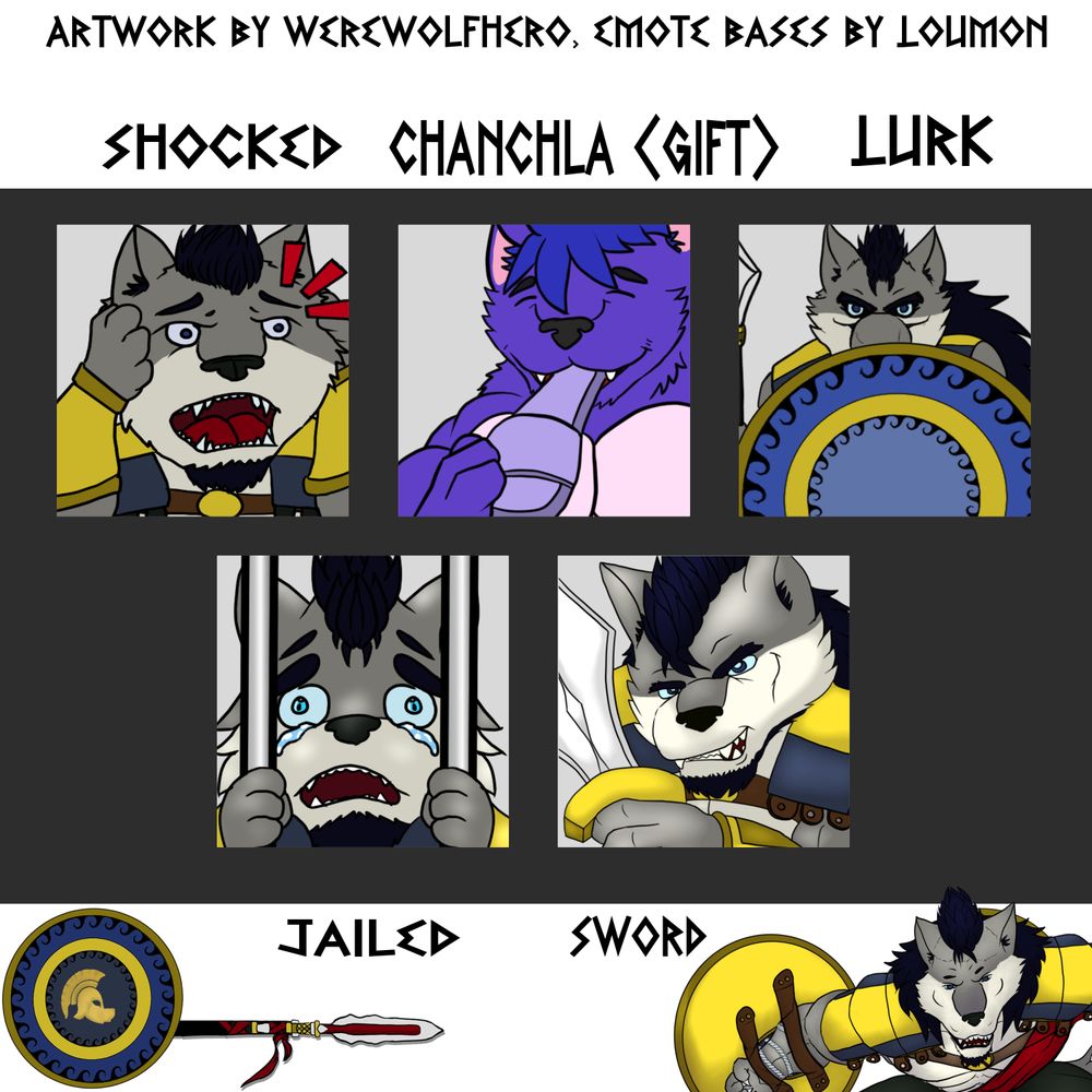 Another batch of emotes done, Bases loosely based on Loumon's emote bases. @flexingwolf.bsky.social is the purple wolf chewing on the chanchla and his character belongs to him. Rest the group are my character mostly for stream/discord. Still need alot of work... #Emotes #artwork #twitch #vtuber 